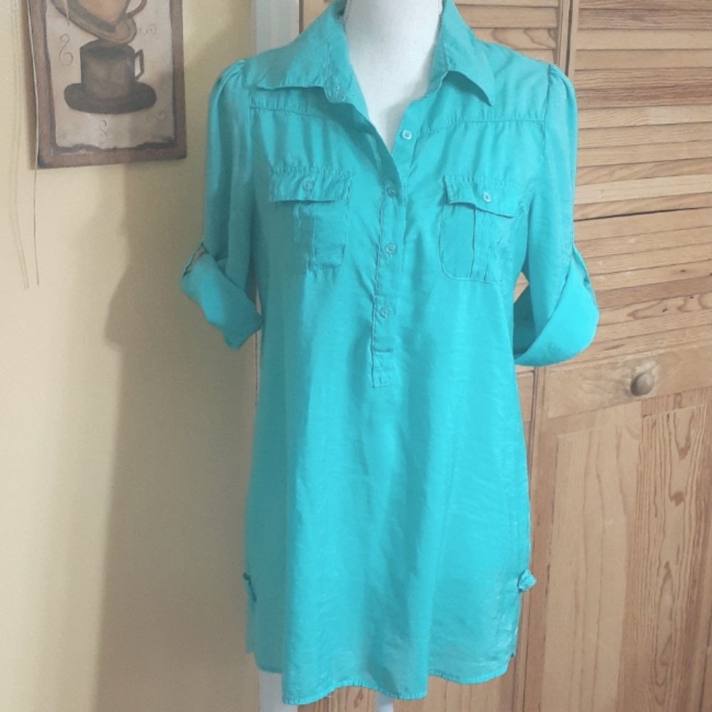 COTTON EXPRESS Teal Tunic Blouse L